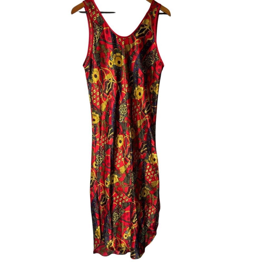Vintage Vanity Fair Gown‎ Red Floral Tassel Long Slip Dress SZ M Boho Nostalgia